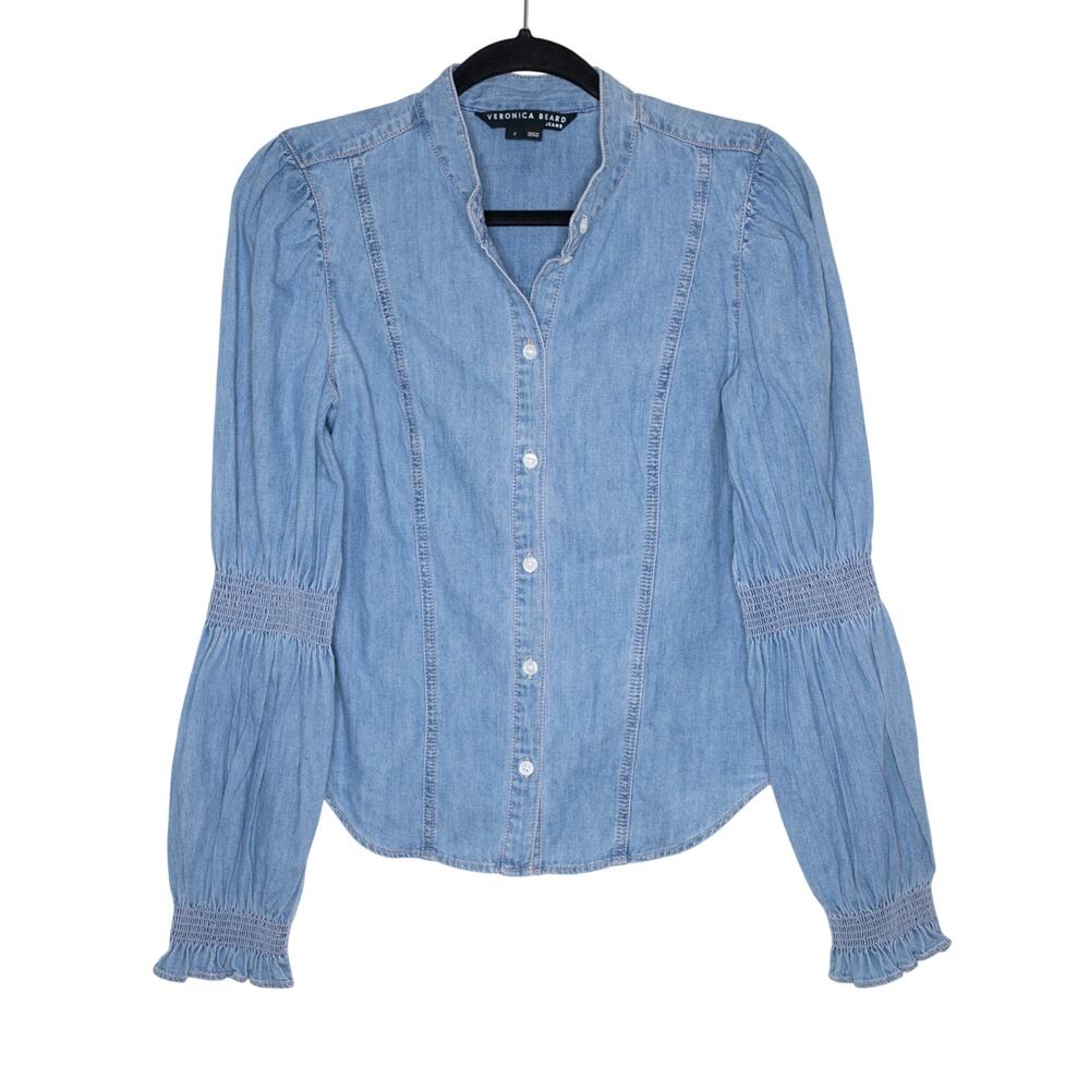 Veronica Beard Dalton Shirt Mystic Blue Button Front Puff Sleeves Chambray SZ 2 - Picture 2 of 8